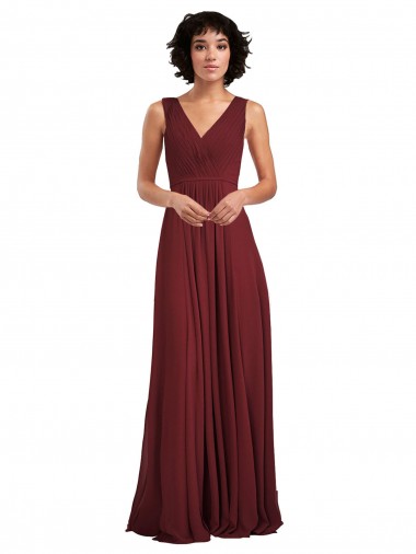 V-Neck Long Soft Chiffon Burgundy Sleeveless Bridesmaid Dress Darwin