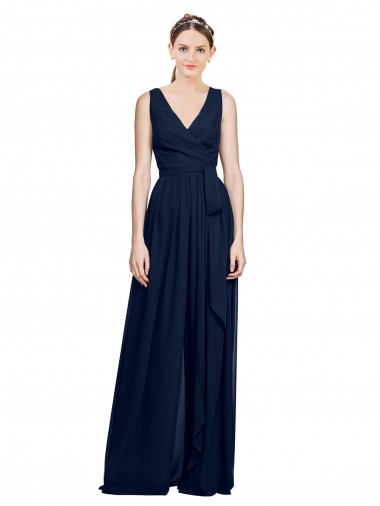 V-Neck Long Chiffon Dark Navy Sleeveless Wedding Party Dress Darwin