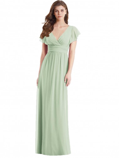 V-Neck Long Soft Chiffon Sage Flutter Sleeves Bridesmaid Dress Darwin