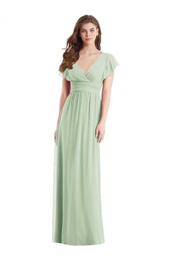 V-Neck Long Soft Chiffon Sage Flutter Sleeves Bridesmaid Dress Darwin