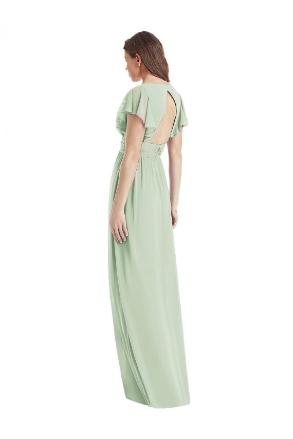 V-Neck Long Soft Chiffon Sage Flutter Sleeves Bridesmaid Dress Darwin