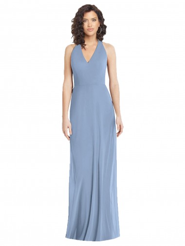 V-Neck Long Soft Chiffon Dusty Blue Sleeveless Formal Evening Gown / Bridesmaid Dress Darwin