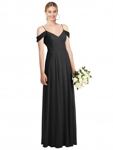 Spaghetti Straps Long Soft Chiffon Black Cold Shoulder Semi Formal Evening Dress / Bridesmaid Dress Darwin