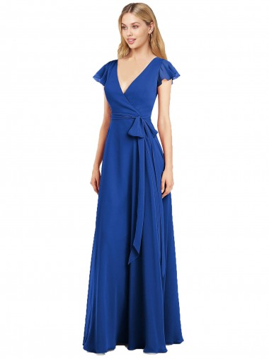 V-Neck Long Lxue Chiffon Royal Blue Flutter Sleeves Bridesmaid Dress Darwin