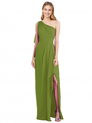 One Shoulder Long Soft Chiffon Olive Green Sleeveless Bridesmaid Dress Darwin