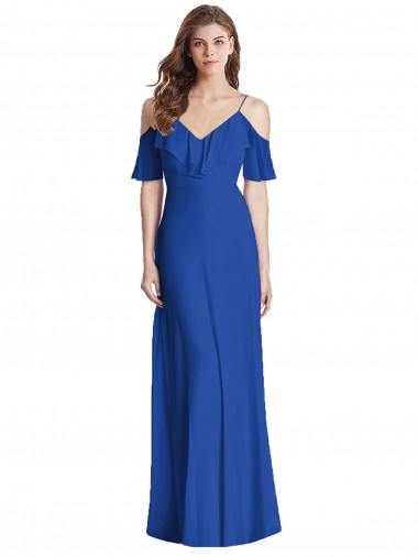 V-Neck Long Soft Chiffon Royal Blue Cold Shoulder Semi Formal Evening Dress / Bridesmaid Dress Darwin