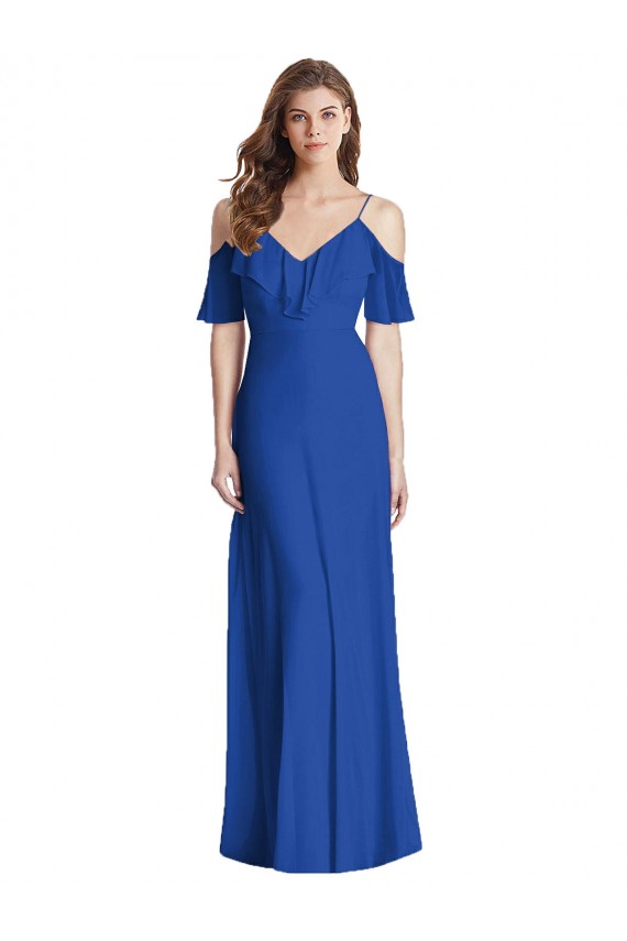 V-Neck Long Soft Chiffon Royal Blue Cold Shoulder Semi Formal Evening Dress / Bridesmaid Dress Darwin