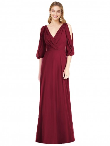 V-Neck Long Soft Chiffon Burgundy Bell Sleeves Formal Dress / Bridesmaid Dress Darwin