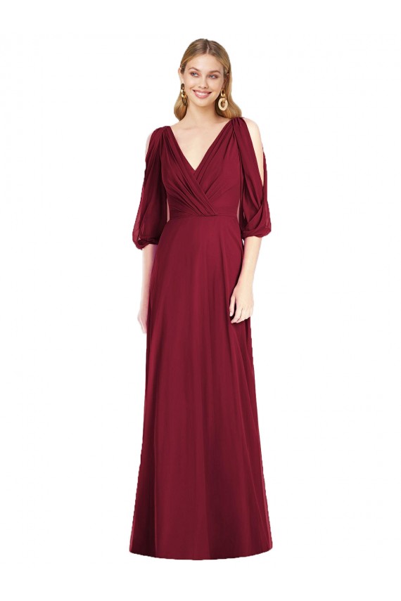 V-Neck Long Soft Chiffon Burgundy Bell Sleeves Formal Dress / Bridesmaid Dress Darwin