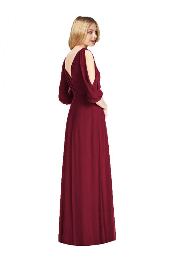 V-Neck Long Soft Chiffon Burgundy Bell Sleeves Formal Dress / Bridesmaid Dress Darwin