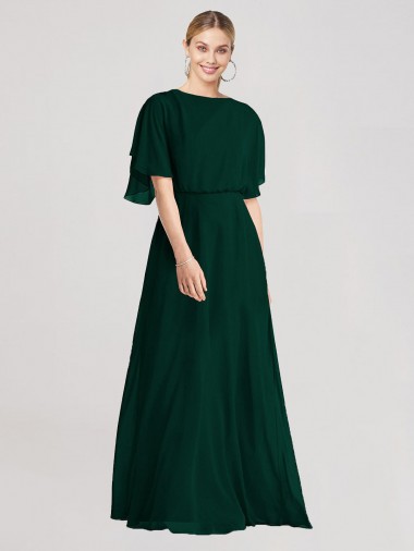 Round Neck Long Soft Chiffon Ever Green Flutter Sleeves Bridesmaid Dress Darwin