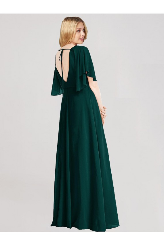 Round Neck Long Soft Chiffon Ever Green Flutter Sleeves Bridesmaid Dress Darwin