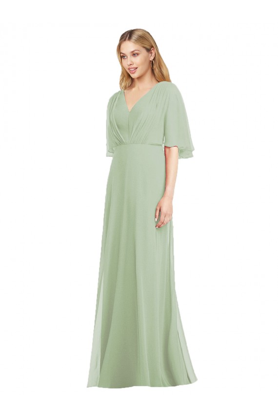 V-Neck Long Soft Chiffon Smoke Green Flutter Sleeves Bridesmaid Dress Darwin