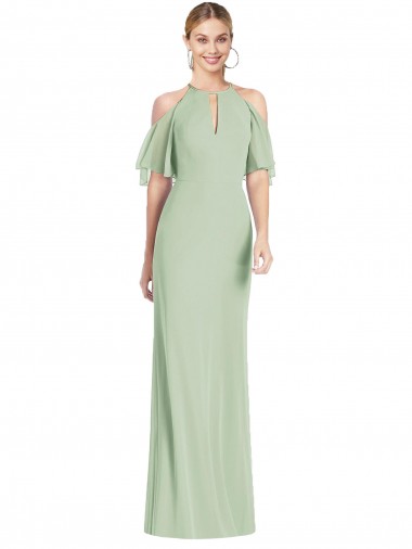 Halter Neck Long Soft Chiffon Sage Cold Shoulder Semi Formal Evening Dress / Bridesmaid Dress Darwin