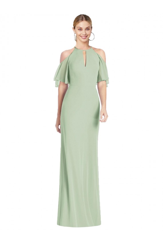 Halter Neck Long Soft Chiffon Sage Cold Shoulder Semi Formal Evening Dress / Bridesmaid Dress Darwin