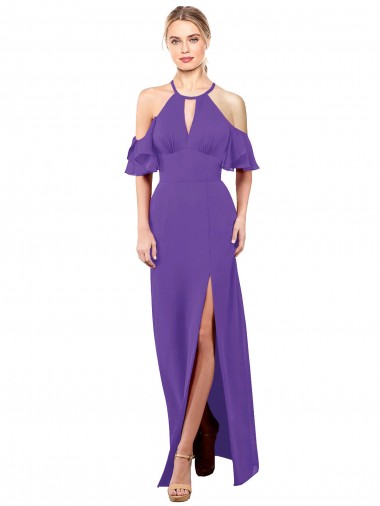 Halter Neck Long Soft Chiffon Purple Ruffle Sleeves Bridesmaid Dress Darwin