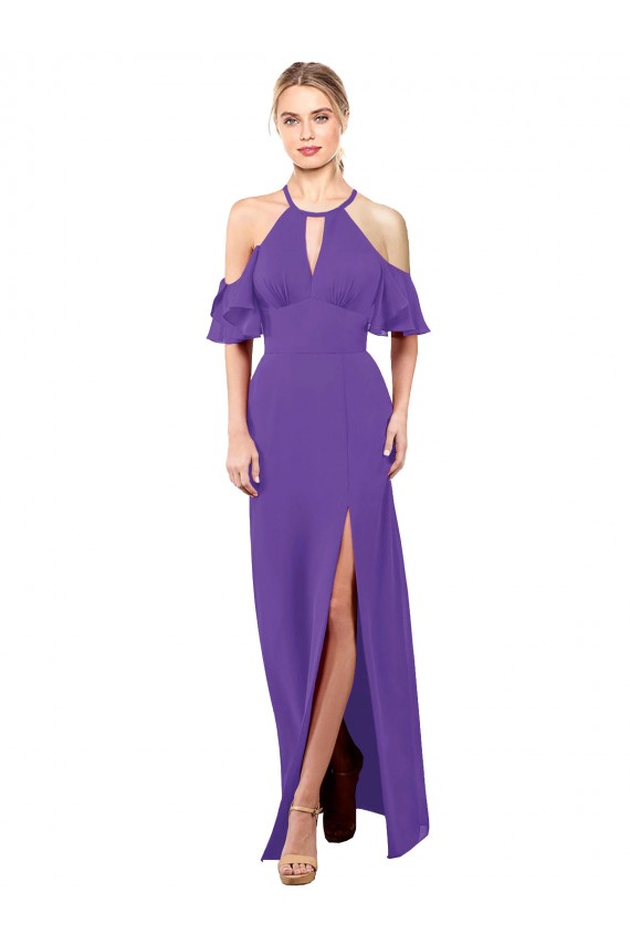 Halter Neck Long Soft Chiffon Purple Ruffle Sleeves Bridesmaid Dress Darwin