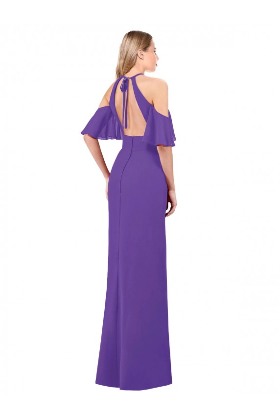 Halter Neck Long Soft Chiffon Purple Ruffle Sleeves Bridesmaid Dress Darwin