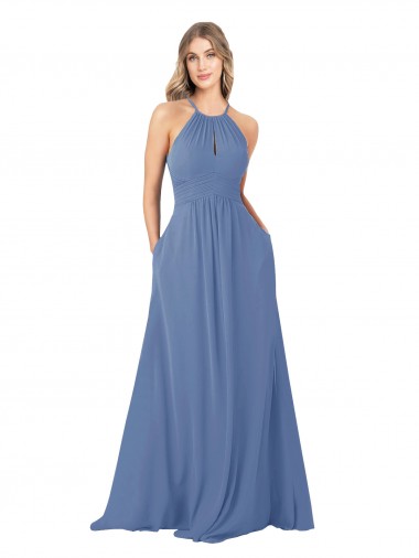 High Neck Long Soft Chiffon Windsor Blue Sleeveless Bridesmaid Dress Darwin