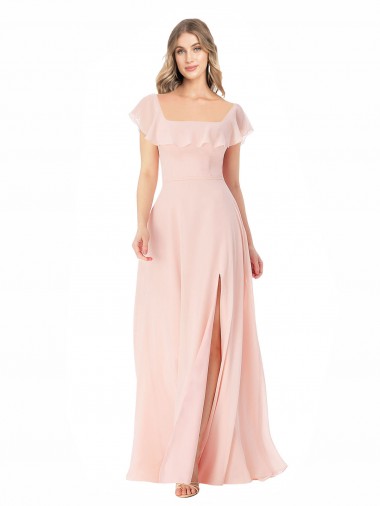 Square Neck Long Soft Chiffon Pink Cap Sleeves Formal Dress / Bridesmaid Dress Darwin