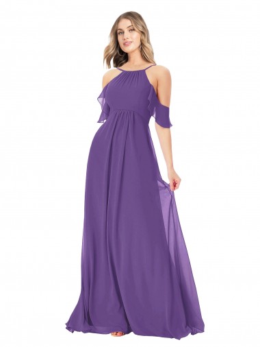 High Neck Long Soft Chiffon Plum Purple Cold Shoulder Bridesmaid Dress Darwin