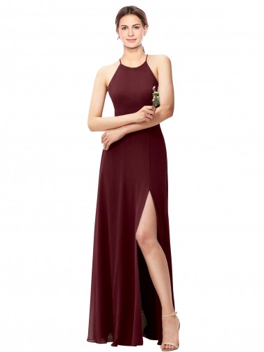 High Neck Long Soft Chiffon Burgundy Gold Sleeveless Bridesmaid Dress Darwin