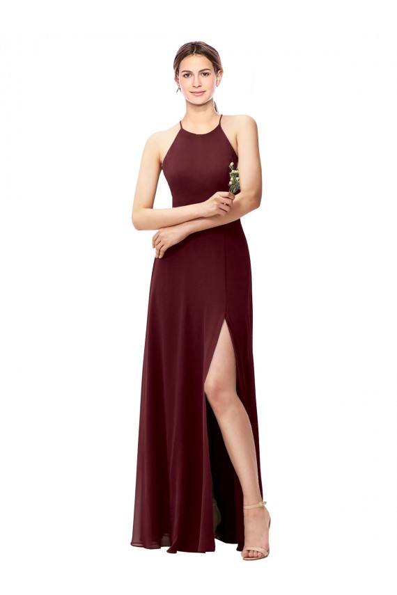 High Neck Long Soft Chiffon Burgundy Gold Sleeveless Bridesmaid Dress Darwin