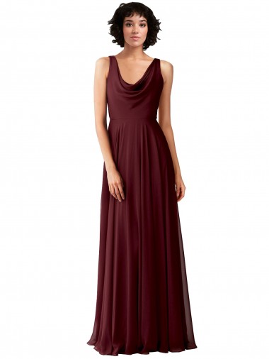 Cowl Neck Long Soft Chiffon Burgundy Gold Sleeveless Bridesmaid Dress Darwin