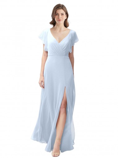 V-Neck Long Soft Chiffon Light Sky Blue Flutter Sleeves Bridesmaid Dress / Formal Dress Darwin