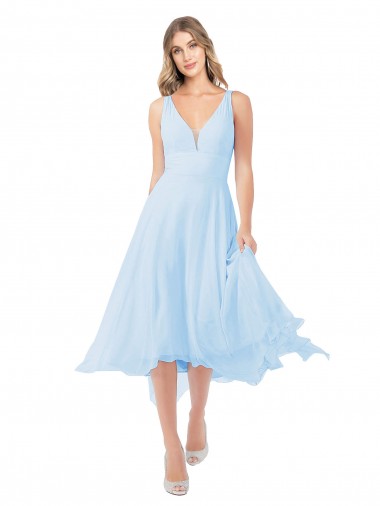 V-Neck Midi Length Soft Chiffon Light Sky Blue Sleeveless Bridesmaid Dress Darwin