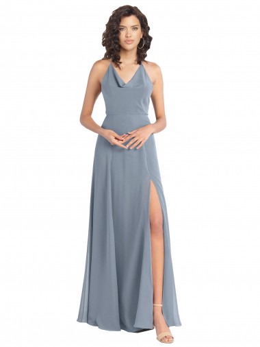 Cowl Neck Long Soft Chiffon Dusty Blue Sleeveless Bridesmaid Dress Darwin