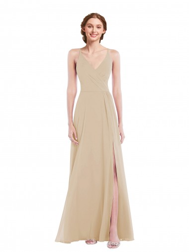 V-Neck Long Soft Chiffon Champagne Sleeveless Semi Formal Evening Dress / Bridesmaid Dress Darwin