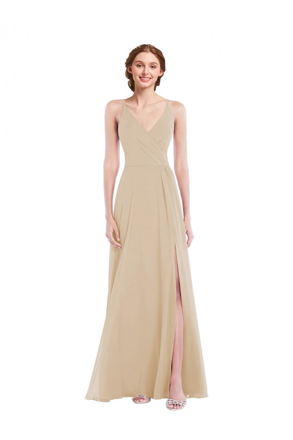 V-Neck Long Soft Chiffon Champagne Sleeveless Semi Formal Evening Dress / Bridesmaid Dress Darwin