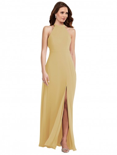 Halter Neck Long Soft Chiffon Gold Sleeveless Semi Formal Evening Dress / Bridesmaid Dress Darwin