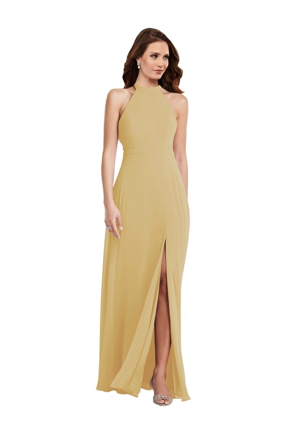 Halter Neck Long Soft Chiffon Gold Sleeveless Semi Formal Evening Dress / Bridesmaid Dress Darwin