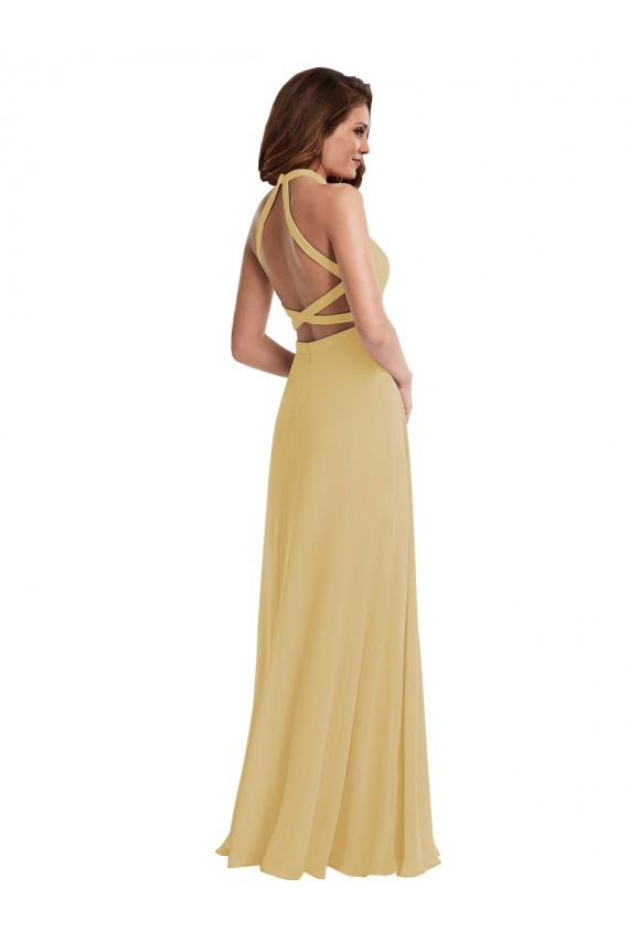 Halter Neck Long Soft Chiffon Gold Sleeveless Semi Formal Evening Dress / Bridesmaid Dress Darwin