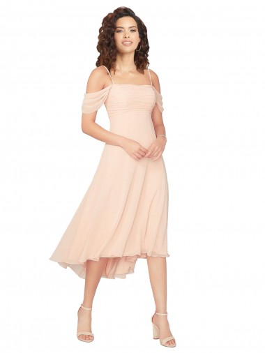 Square Neck Midi Length Soft Chiffon Ice Pink Cold Shoulder High Low Bridesmaid Dress Darwin