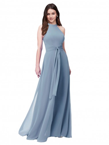 High Neck Long Chiffon Dusty Blue Sleeveless Bridesmaid Formal Dress Darwin