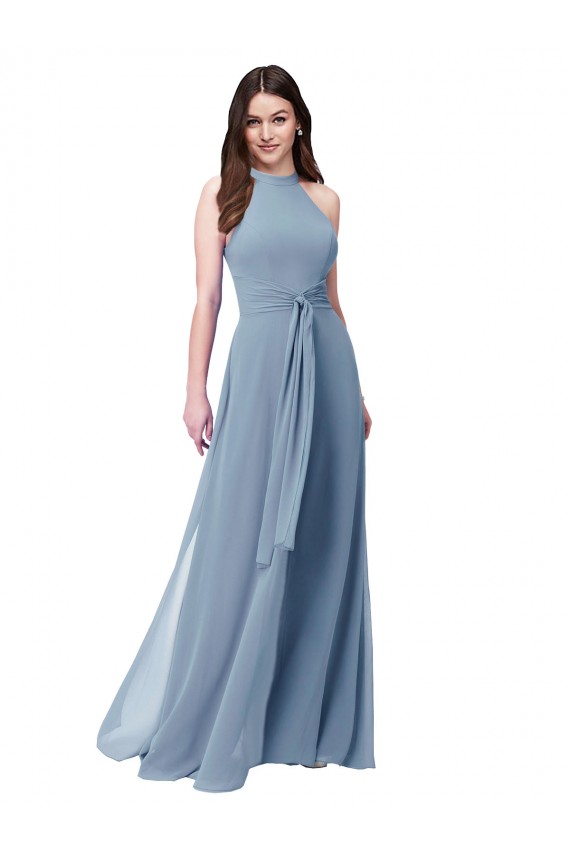 High Neck Long Chiffon Dusty Blue Sleeveless Bridesmaid Formal Dress Darwin