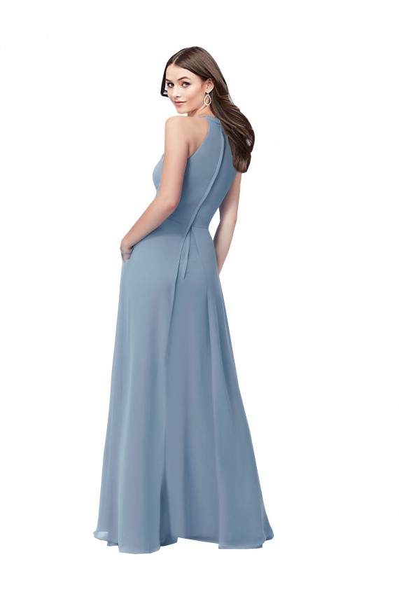 High Neck Long Chiffon Dusty Blue Sleeveless Bridesmaid Formal Dress Darwin