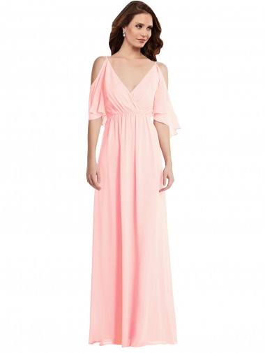 V-Neck Long Soft Chiffon Pink Cold Shoulder Semi Formal Evening Dress / Bridesmaid Dress Darwin