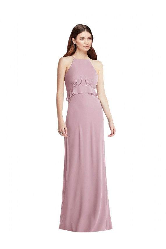 Halter Neck Long Chiffon Primrose Sleeveless Bridesmaid Dress / Evening Dress Darwin