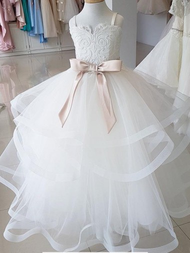 High Neck Long Tulle & Lace Ivory Sleeveless Flower Girl Wedding Dress Darwin