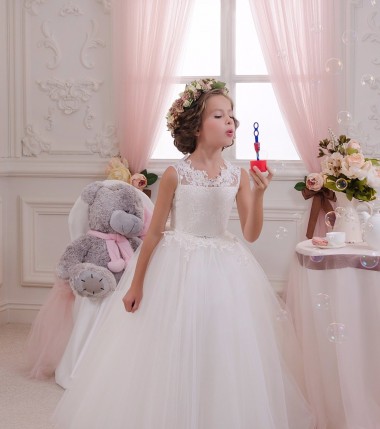 High Neck Long Tulle & Lace Ivory Sleeveless Little Flower Girl Dresses Darwin