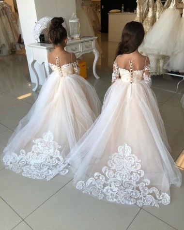 Sweetheart Chapel Train Tulle & Lace Ivory Long Sleeves Little Flower Girl Dress Darwin