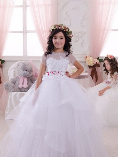 Sweetheart Long Tulle & Lace Ivory Short Sleeves Little Flower Girl Dress Darwin