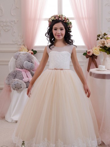 Sweetheart Long Tulle & Lace Ivory & Champagne Sleeveless Flower Girl Dresses for Wedding Darwin