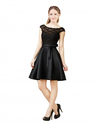 Illusion Neck Knee Length Satin & Lace Black Sleeveless Bridesmaid Dress Darwin