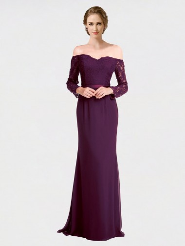 Off the Shoulder Long Soft Chiffon & Lace Grape Long Sleeves Bridesmaid Dress Darwin