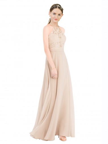 High Neck Long Soft Chiffon & Lace Champagne Sleeveless Prom Dress / Bridesmaid Dress Darwin